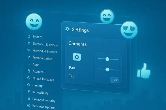Blue settings UI showing Cameras controls with pan/tilt sliders. Blue settings UI showing Cameras controls with pan/tilt sliders.