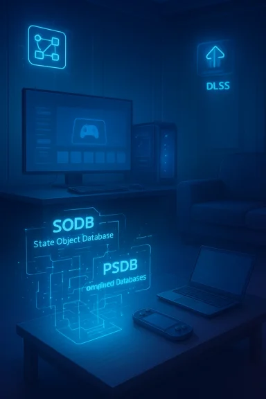 Blue neon-lit home office featuring holographic database schematics and gaming gear.