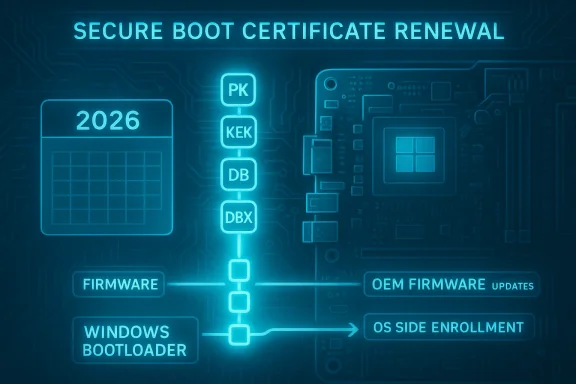 A neon schematic of secure boot certificate renewal for firmware and OS enrollment.