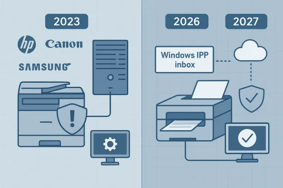 2023 shows legacy printers; 2026–27 depicts Windows IPP inbox and cloud printing.