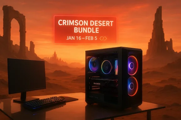 Crimson Desert Bundle sign glows over a RGB-lit gaming PC on a desk in a desert sunset.