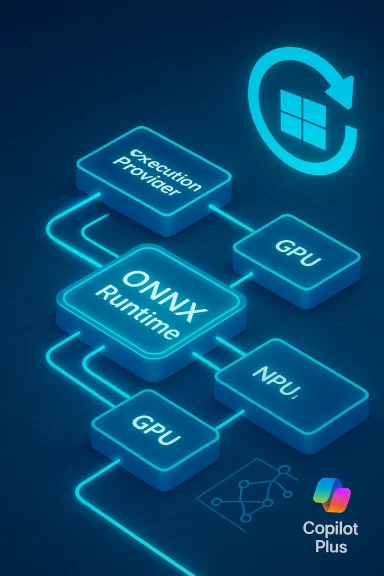 Neon infographic showing ONNX Runtime wired to GPUs and NPUs via an execution provider.