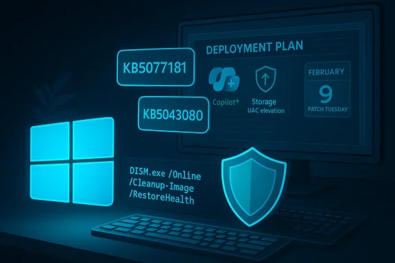 Blue holographic Windows deployment plan with security shield and DISM commands.