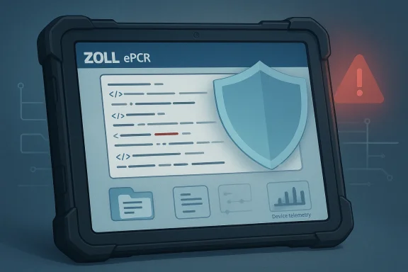 Rugged tablet shows ZOLL ePCR with code-like text and a shield icon, plus a red warning nearby.
