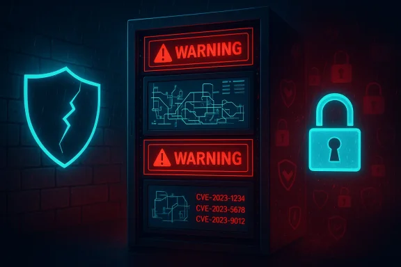 Neon-lit server cabinet displaying red warnings, blue shield, and unlocked padlock symbols.