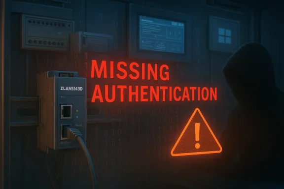 A hooded figure stands beside a glowing 'Missing Authentication' warning in a dark server room.