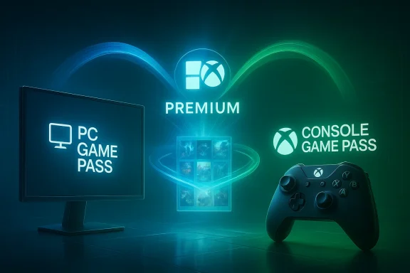 Promotional Xbox Game Pass setup showing PC, Console, and Premium options with neon glow.