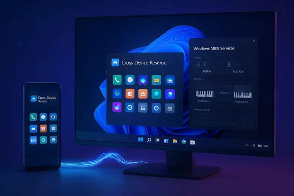 Phone and monitor display a cross-device UI with app icons and Windows MIDI services.