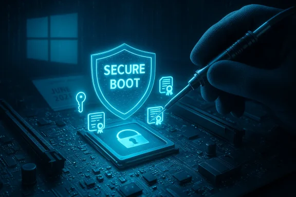 A gloved hand with a stylus projects a neon Secure Boot shield over a motherboard.