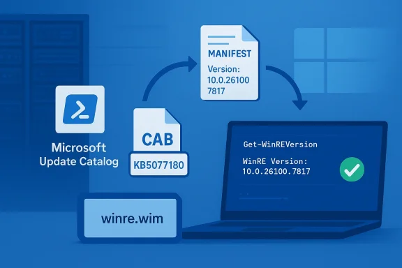 Blue illustration of Windows update flow: manifest, CAB package, and WinRE version on a laptop.