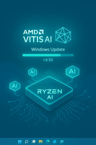AMD Vitis AI Windows Update 1.8.50 screen featuring Ryzen AI chip and AI icons.
