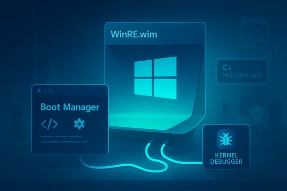 Blue-toned illustration of Windows boot tools: Boot Manager, WinRE.wim, and Kernel Debugger.