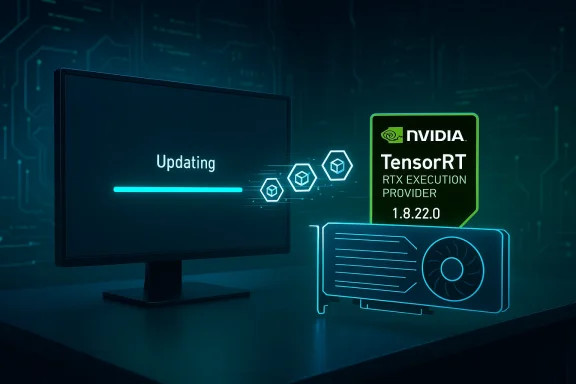 Monitor shows 'Updating' with a glowing progress bar beside an NVIDIA TensorRT RTX card.