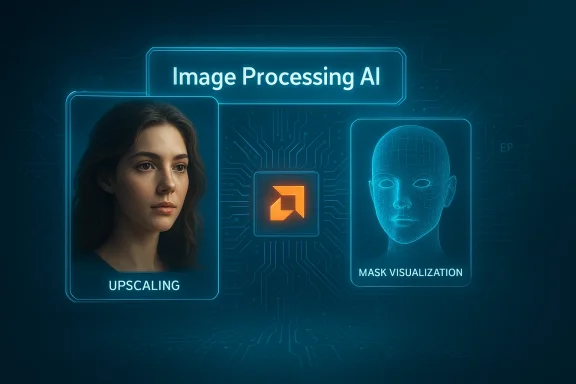 AI image processing interface showing face upscaling and mask visualization.