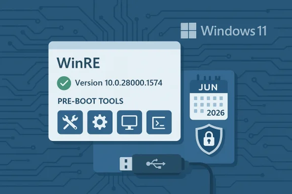 WinRE screen on Windows 11 showing version 10.0.28000.1574 and pre-boot tools.