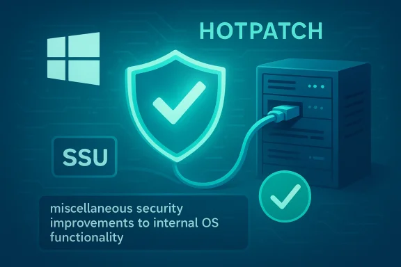 Cybersecurity illustration showing a shield with a check, a server, and HOTPATCH update label.