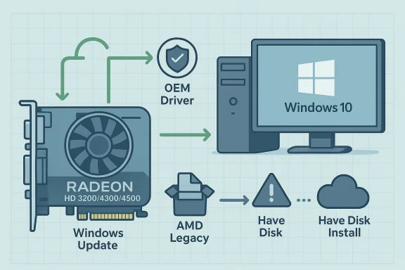 Infographic showing Radeon GPU driver installation on Windows 10 via OEM driver or updates.