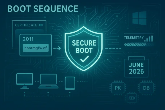 Blue tech illustration of a Secure Boot shield with the Boot Sequence text and circuitry.