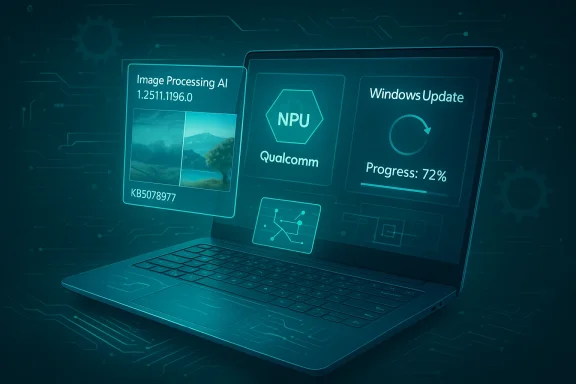 Futuristic laptop screen showing AI image processing, Qualcomm NPU, and Windows Update progress.
