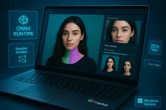 Futuristic laptop screen shows AI portrait editing with color-segmented neck and progress panels.