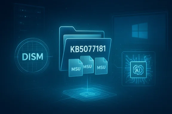 Blue holographic illustration of Windows DISM and a KB5077181 update package with MSU files.