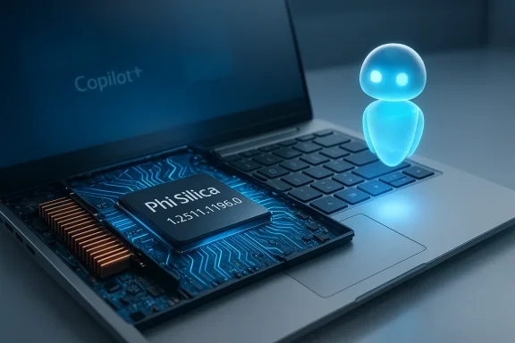 A blue glowing AI figure hovers beside a laptop with an exposed Phi Silica chip.