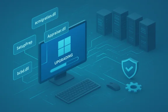 Blue cyber-tech illustration of a Windows upgrade in progress with DLLs and server racks. Blue cyber-tech illustration of a Windows upgrade in progress with DLLs and server racks.