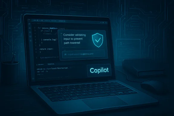 Laptop screen displays code with a Copilot prompt urging input validation to prevent path traversal.