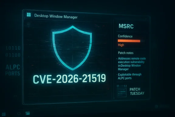 Cybersecurity dashboard showing CVE-2026-21519 with shield icon and MSRC patch notes.