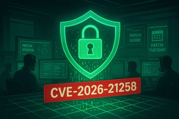 Cybersecurity team analyzes CVE-2026-21258 patch in a neon-lit defense operations room.