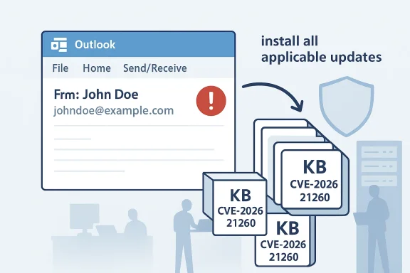 Outlook-style window prompting to install all applicable updates for CVE-2026-21260.