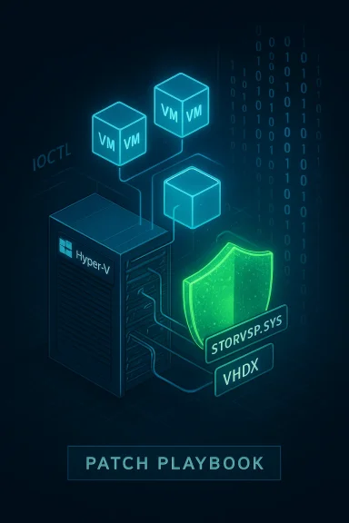 Neon isometric diagram showing Hyper-V with VMs, storage, and a 'Patch Playbook' shield.