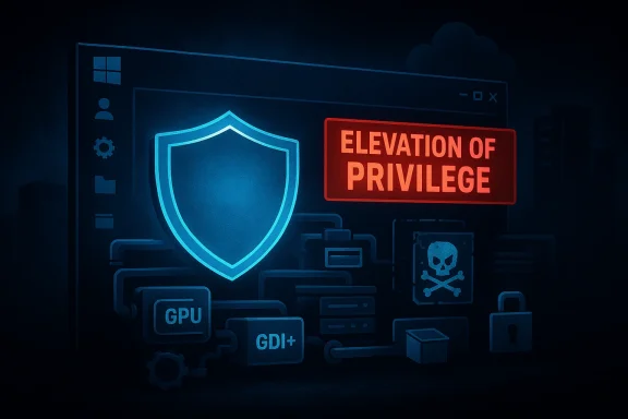 Dark cybersecurity illustration showing a shield on a monitor beside a red “Elevation of Privilege” alert.