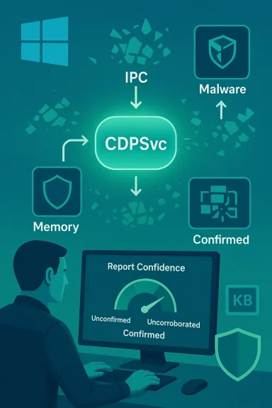 Diagram of CDPSvc linking IPC, Malware, Memory, and Confirmed with a confidence gauge.