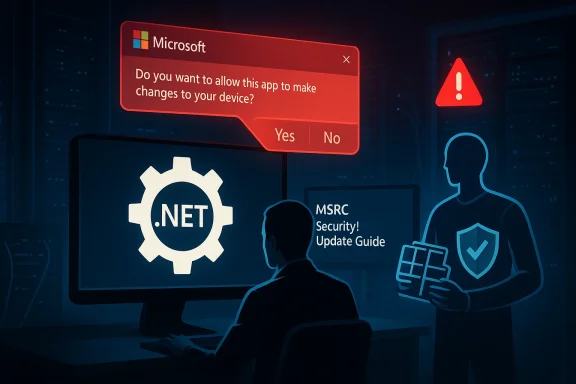 Cybersecurity scene showing a Microsoft prompt over a .NET gear, with warning icon and security figures.