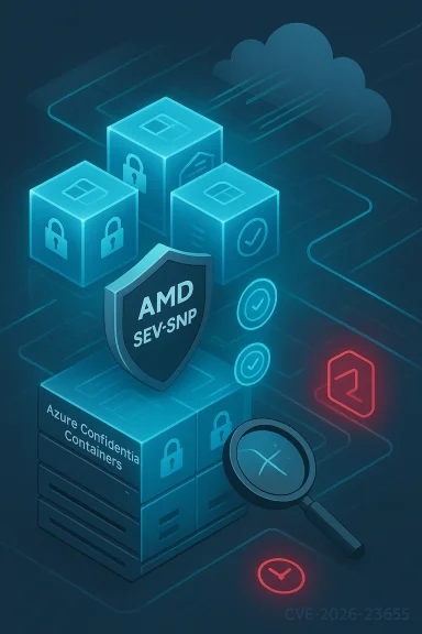 Isometric illustration of Azure Confidential Containers secured by AMD SEV-SNP.