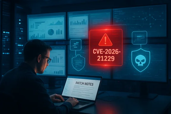 A cybersecurity analyst monitors a CVE-2026-21229 alert on a multi-monitor dashboard.