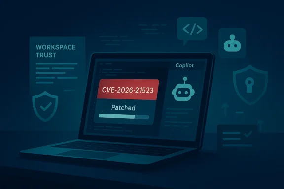 Laptop shows patched CVE-2026-21523 on a cybersecurity dashboard.