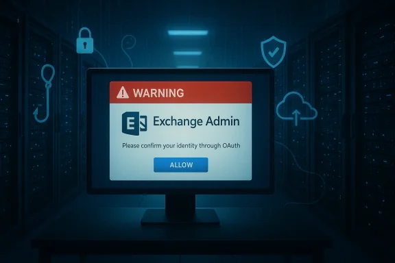 Warning screen on a server monitor: 'Exchange Admin' prompts identity confirmation via OAuth.