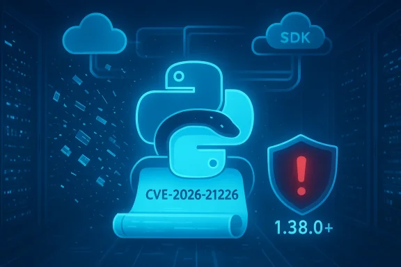 Neon blue Python logo highlighting CVE-2026-21226 with a warning shield and 1.38.0+.