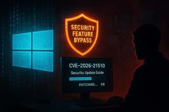 Silhouette at a computer as a neon shield reads 'Security Feature Bypass' and a patch update screen glows.