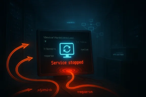 Dim server room; monitor shows “Service stopped” with a blue refresh icon, surrounded by glowing orange arrows.
