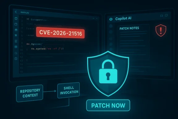 Cybersecurity illustration with a CVE alert, patch notes, and a shield prompting “Patch Now.”