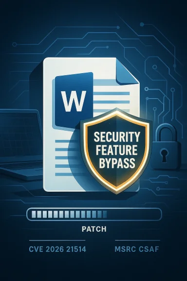 Word document with a security feature bypass shield, patch progress bar, and CVE details.