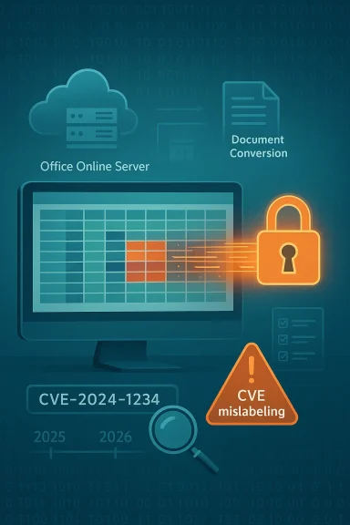 Cybersecurity infographic showing a data breach risk and CVE mislabeling alert on Office Online Server.
