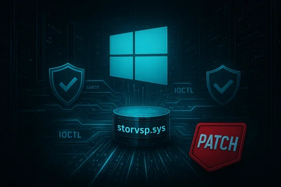 Windows-themed data center with a glowing logo, circuit traces, storvsp.sys, and a PATCH badge.