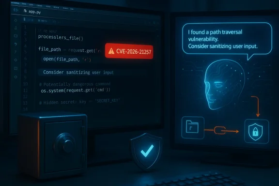 Code editor flags CVE-2026-21257 path-traversal vulnerability; UI warns to sanitize user input.