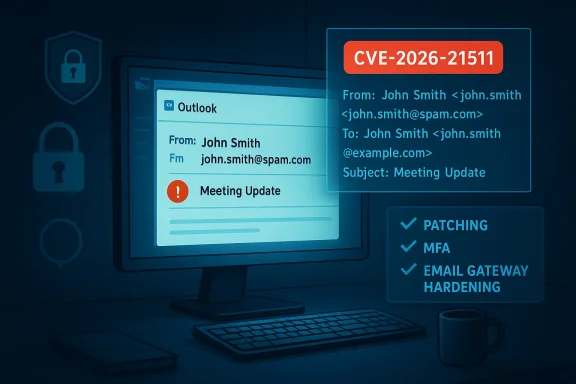 A computer monitor displays Outlook with a 'Meeting Update' and a CVE-2026-21511 alert overlay.