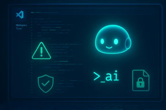 Neon blue dashboard features an AI assistant, warning triangle, trust shield, and a prominent > ai prompt.