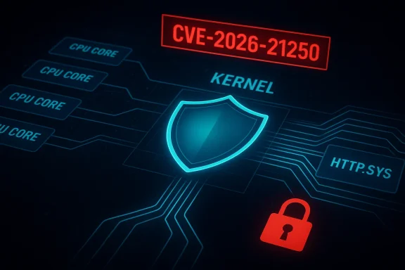 Cybersecurity diagram with a glowing shield, CVE-2026-21250 label, and a red lock.